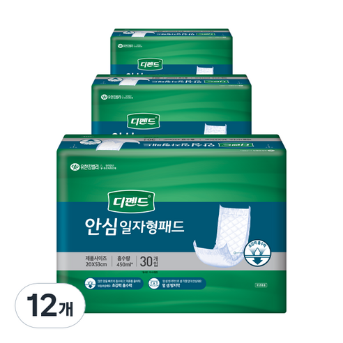 디펜드 남녀공용 안심 일자형 패드 속기저귀 성인기저귀, 30개입, 12개