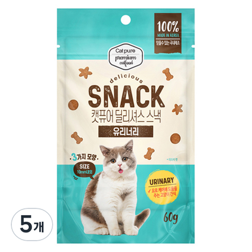 캣퓨어 고양이 딜리셔스 스낵 유리너리, 60g, 5개, 혼합맛(닭고기/참치)