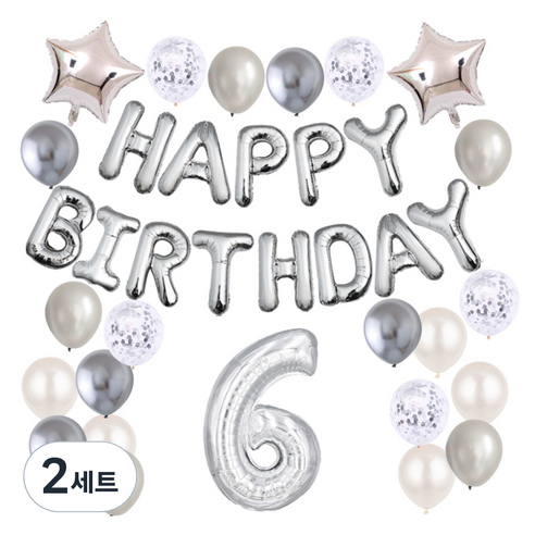 에브리띵스마일 생일축하 숫자 6 가랜드 스타 은박 컨페티 혼합풍선 세트 1198, 실버, 2세트