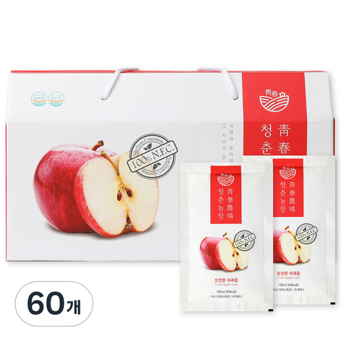 청춘농장 착즙 생 사과즙, 60개, 100ml