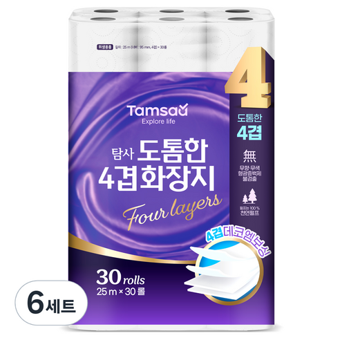 탐사 도톰한 천연펄프 4겹 화장지, 6세트, 30롤, 25m