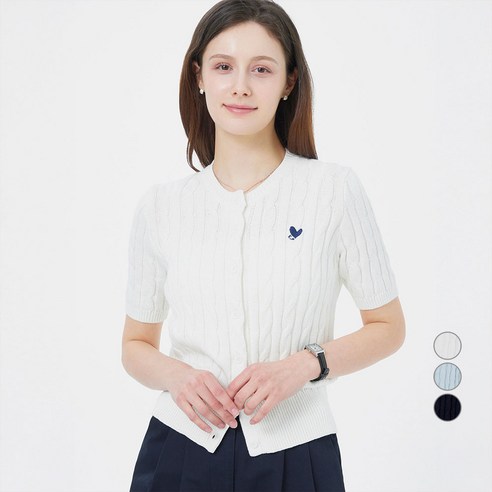 ELLE PARIS 여성용 시그니처 로고 자수 반팔 코튼 니트 가디건