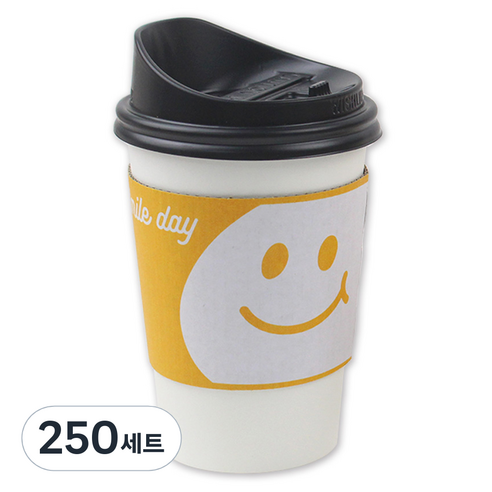 아이엔피 종이컵 화이트 무지 380ml + 롱개폐 뚜껑 + 홀더 스마일옐로 세트, 250세트