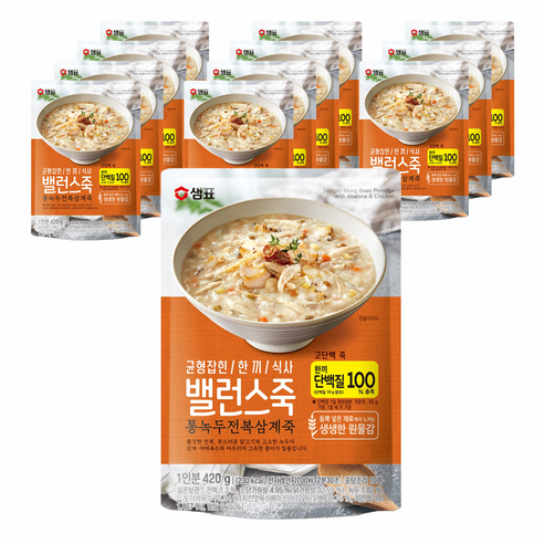 샘표 밸런스죽 통녹두 전복 삼계죽, 420g, 12개