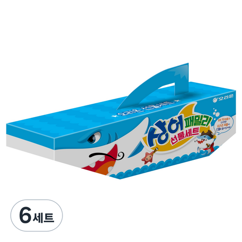 오리온 상어패밀리 선물세트, 고래밥 볶음양념 46g 2p + 초코송이 50g 2p + 마이구미 포도  66g + 리찌 알맹이 67g + 왕꿈틀이 67g + 초코칩쿠키 미니 45g + 미쯔블랙 42g + 배배 80g, 6세트