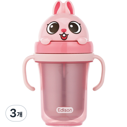 에디슨 국산 프렌즈 흘림방지 이중 스텐 빨대컵 2, 토끼 바니, 3개, 300ml