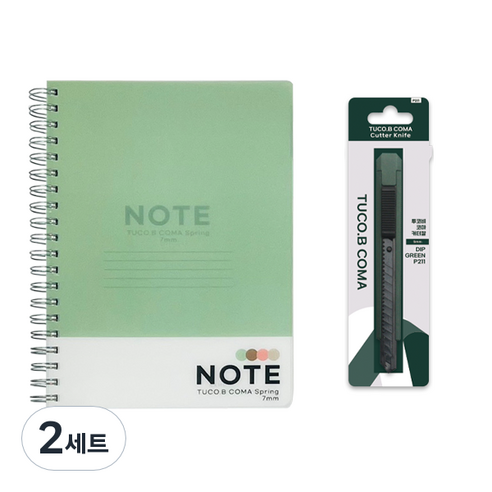투코비 8000 PP 컬러 스프링노트 + 코마 커터칼, 민트(노트), 랜덤..., 2세트