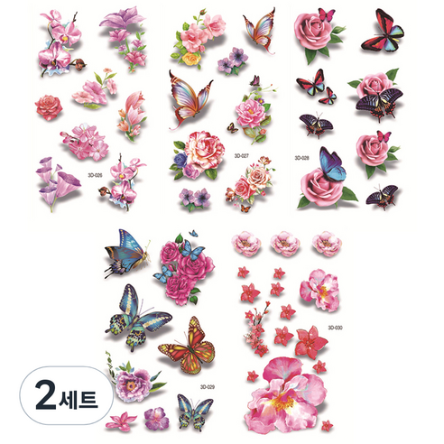 컬러 나비 장미 문신 타투 스티커 5종 세트, 06, 2세트