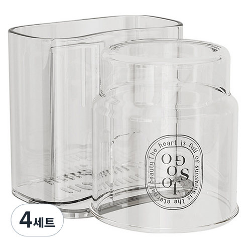 리빙공감 티스 부착형 칫솔꽂이 양치컵 세트, 4세트, 투명화이트