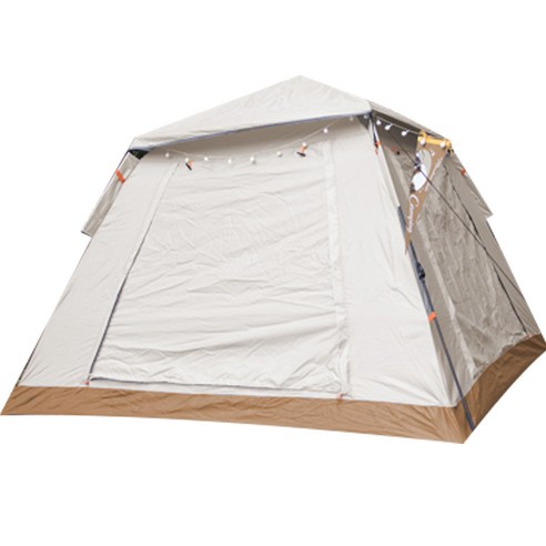 라이프란스 스마트 스퀘어 원터치 오토텐트는 베이지 계열의 색상과 5인용 사용 가능, 사계절용으로 사용할 수 있는 다용도 텐트입니다.