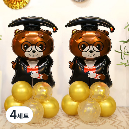 졸업 풍선 기둥 불곰박사 DIY 세트, 골드(30cm풍선) + 골드컨페티(30cm풍선) + 불곰박사(은박풍선), 4세트