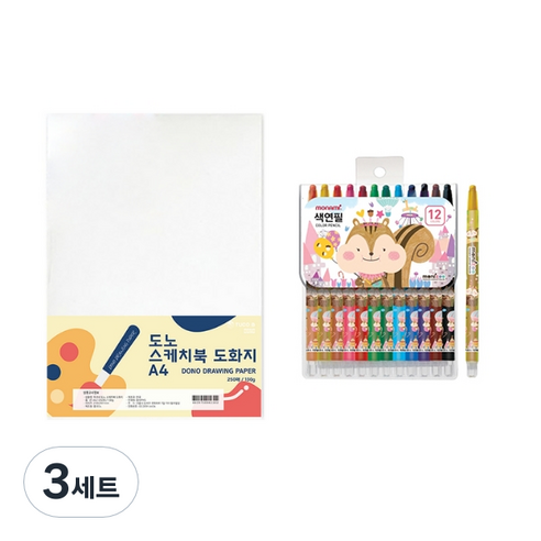 도노 스케치북 도화지 A4 130g 250매 + 모나미 모니주 샤프식 색연필 12색 문구세트, 단일색상(도화지), 여(색연필), 3세트