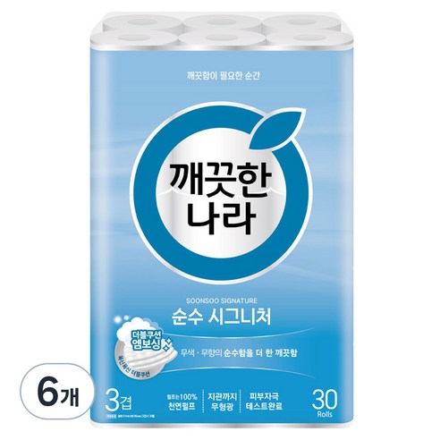 깨끗한나라 순수 시그니처 천연펄프 3겹 고급롤화장지, 27m, 30개입, 6개