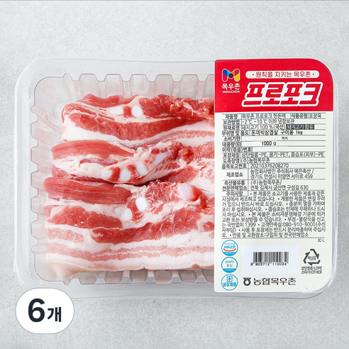 목우촌 프로포크 한돈팩 미박삼겹살 구이용 (냉장), 1kg, 6개