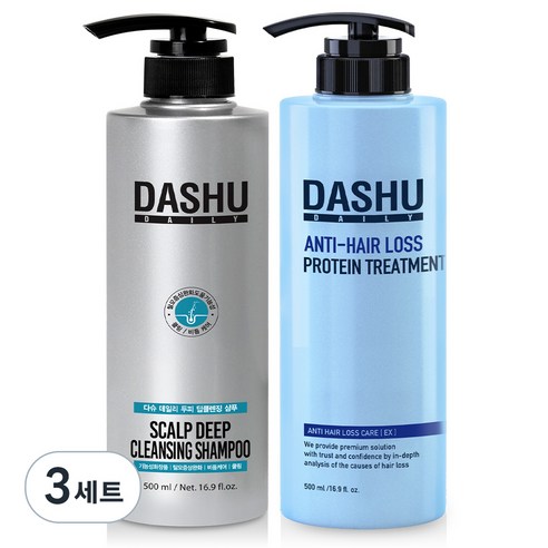 다슈 탈모완화 딥클렌징 비듬케어 샴푸 500ml + 단백질 트리트먼트 500ml, 3세트