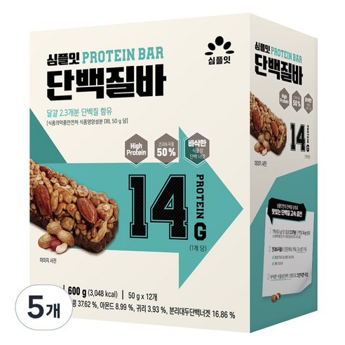 심플잇 단백질바 12p, 600g, 5개