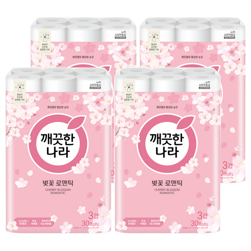 깨끗한나라 3겹 벚꽃 로맨틱 천연펄프 화장지 27m, 30롤, 4개