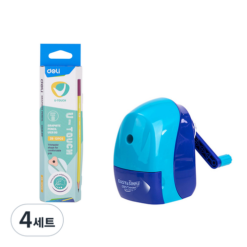 델리 학생용 2B 연필 + 오토피드 네온 연필깎이 세트, 연필(블루 + 핑크, 핑크 + 옐로우, 옐로우 + 퍼플), 연필깎이(비비드블루), 4세트