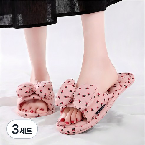 오브메종 3중 쿠션 딸기 리본 면 슬리퍼, 핑크, 3세트