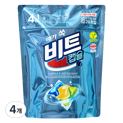 비트 4in1 일반 드럼 겸용 캡슐세제 티트리 오일향, 28개입, 4개