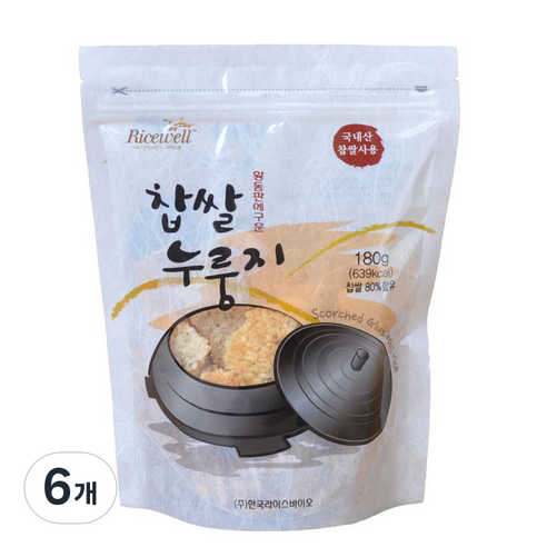라이스웰 황동판에 구운 찹쌀 누룽지, 180g, 6개