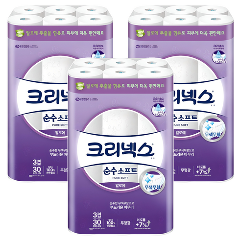 크리넥스 순수 소프트 천연펄프 3겹 고급롤화장지, 27m, 30개입, 3개