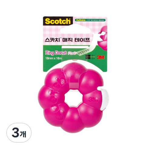 스카치 링도넛 매직 테이프 디스펜서 18mm x 16m, 라즈베리, 3개