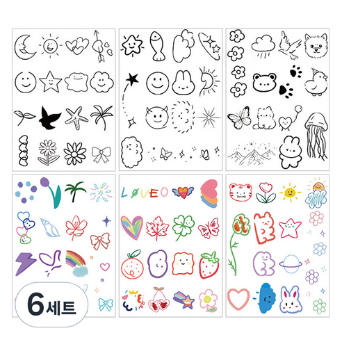 젤루나 몽글몽글 귀여운 컬러 흑백 일러스트 타투 스티커 6p 세트 T-122, 6세트, 혼합색상