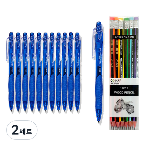 동아 겔스트림 펜 C-0.5mm 12p + 투코비 코마 삼각 지우개 연필 SG-208 12p 세트, 파랑, 2세트