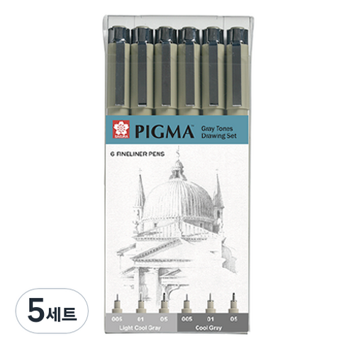 PIGMA 사쿠라 마이크론 그레이컬러 드로잉 펜 세트, 라이트 쿨 그레이, 쿨 그레이, 5세트