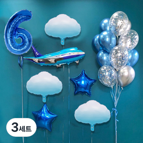마켓감성 블루비행기테마 생일풍선세트, 타입6, 3세트