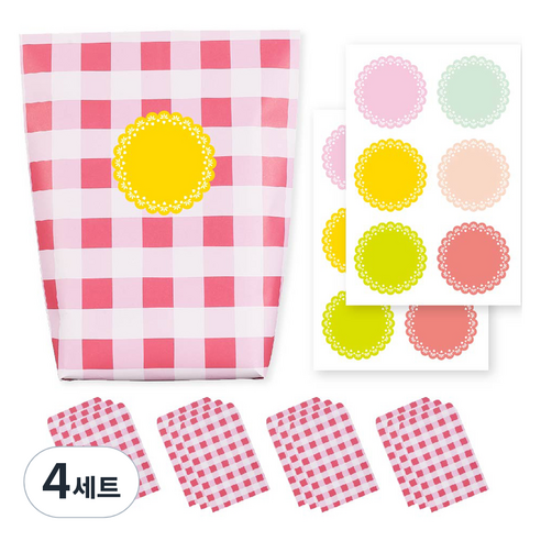 체크 종이 포장지 포장봉투 핑크 12p + 스티커 6종 x 2p 세트, 혼합색상, 4세트