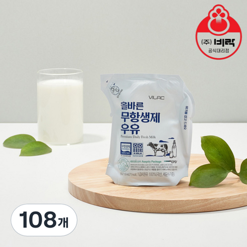 비락 올바른 무항생제 멸균우유, 110ml, 108개