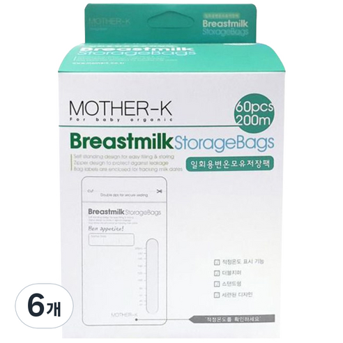 마더케이 일회용 변온 모유 저장팩 200ml, 60매, 6개