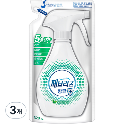 페브리즈 항균 플러스 섬유탈취제 보충형, 320ml, 3개, 산뜻한향