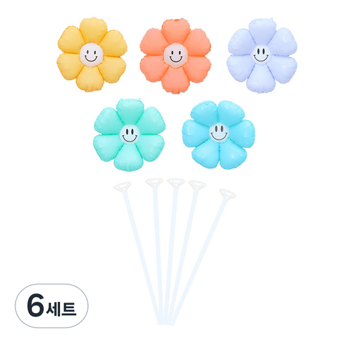 피앤비유니티 무광스마일 데이지풍선 5종 + 스틱 5p 세트, 08 혼합색상, 6세트