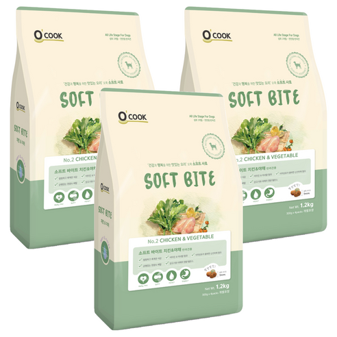 OCOOK 전연령 강아지 바이트 소프트사료, 닭+야채, 1.2kg, 3개