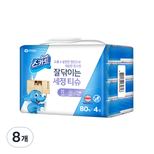 스카트 잘닦이는 세정티슈 80매, 8팩