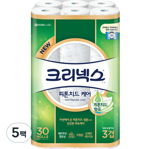 크리넥스 3겹 피톤치드 케어 천연펄프 롤화장지 27m, 30롤, 5팩