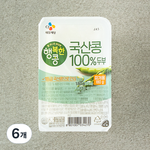 행복한콩 국산콩 두부 찌개용, 180g, 6개