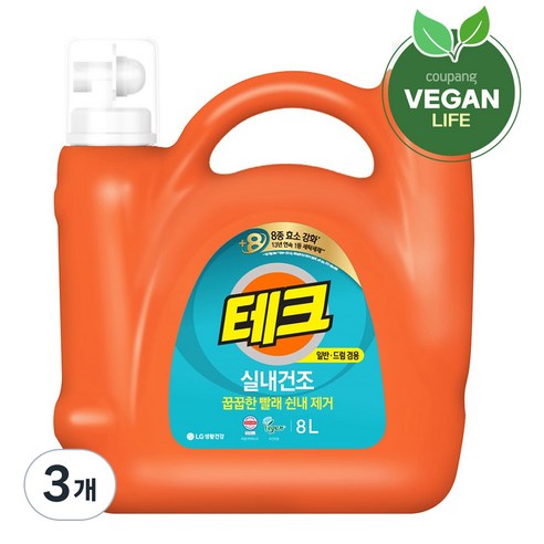 테크 실내건조 세탁세제 일반드럼 겸용 본품, 8L, 3개