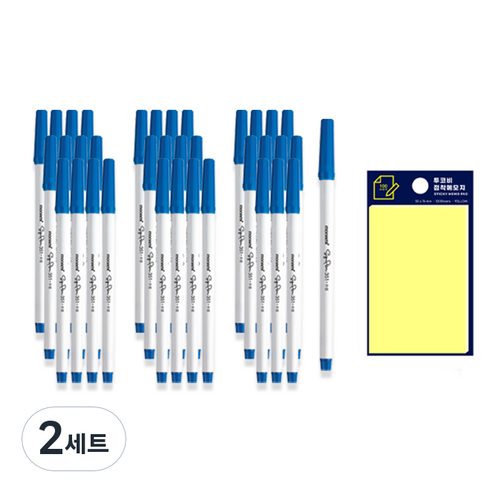 모나미 사인펜 351 청색 12개입 x 3p + 투코비 스티키 메모패드 세트, 노랑, 2세트