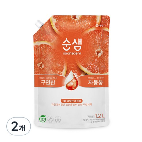 순샘 구연산 자몽 주방세제 리필, 1.2L, 2개