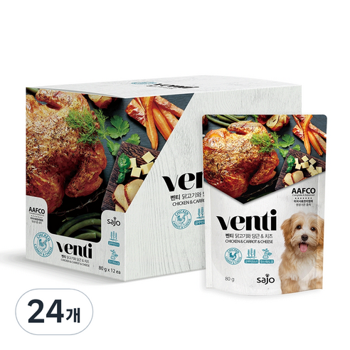 벤티 강아지 파우치 간식, 닭고기 + 당근 + 치즈 혼합맛, 80g, 24개