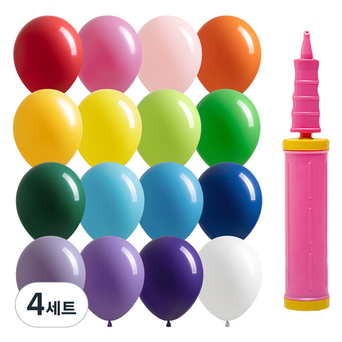 조이파티 조이벌룬 레인보우 풍선 30cm 100p + 손펌프 세트, 풍선(랜덤발송) + 손펌프(핑크), 4세트