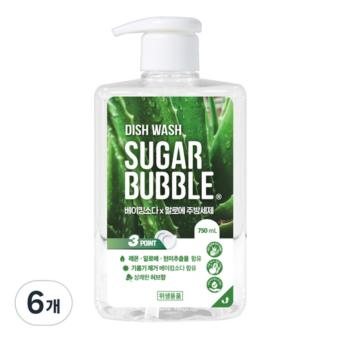 슈가버블 베이킹소다 & 알로에 주방세제, 750ml, 6개