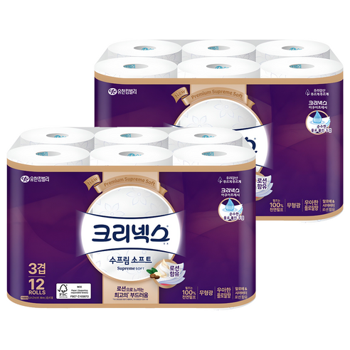 크리넥스 수프림 소프트 천연펄프 3겹 고급롤화장지, 27m, 12개입, 2개