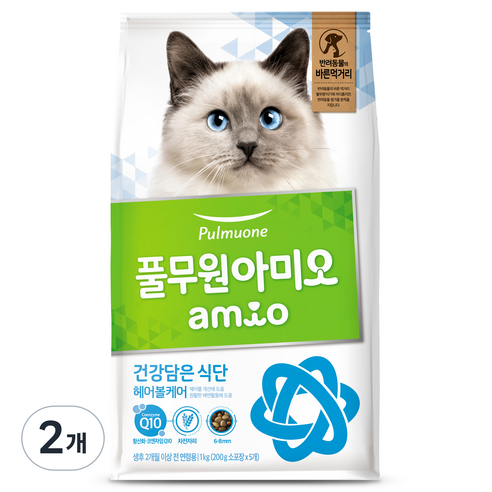 풀무원아미오 고양이 건강담은 식단 기능성 사료, 헤어볼, 1kg, 2개