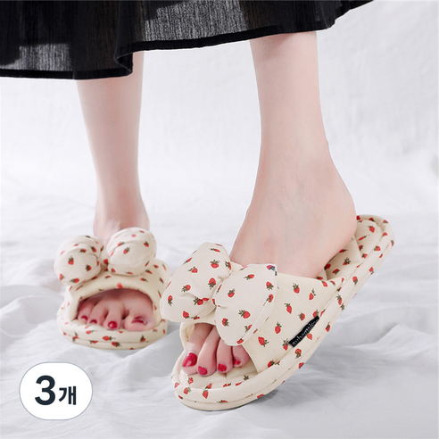 오브메종 3중 쿠션 딸기 리본 면 슬리퍼, 화이트, 3개
