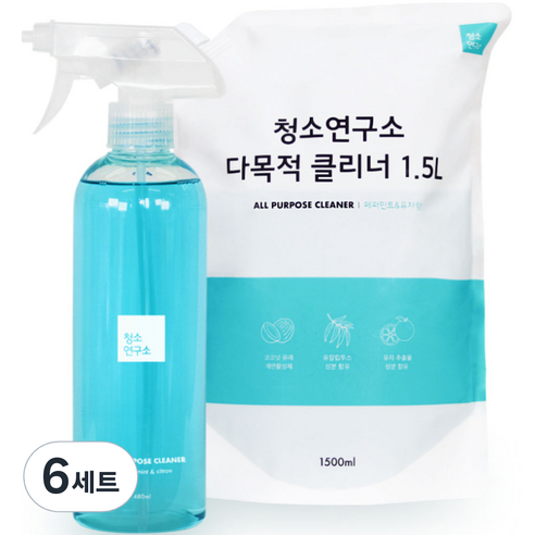 청소연구소 다목적 클리너 480ml 1개 + 리필팩 1.5L 1개, 6세트